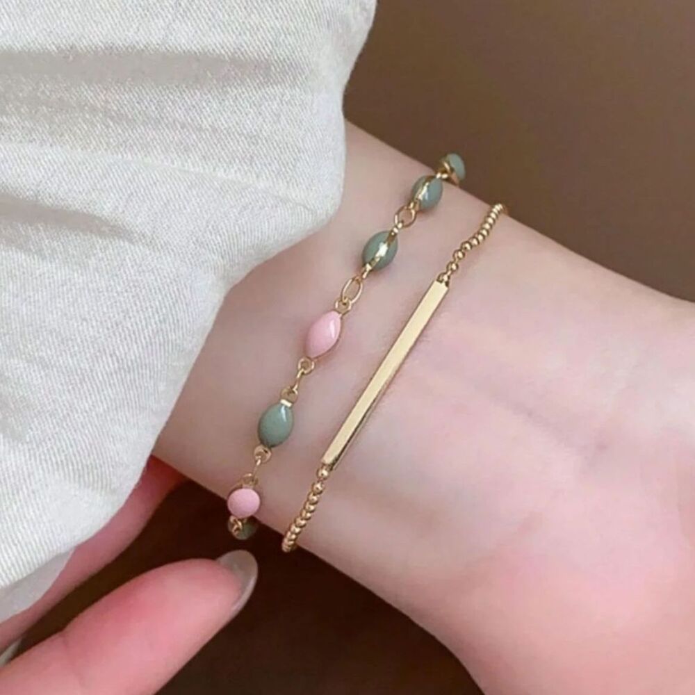 Double Layer Beaded Gold Chain Bracelet Adjustable 2-Tone Oval Gemstone Crystal